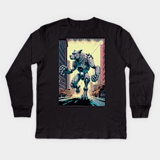 Monster giant robot cyborg dog attacking the city Kids Long Sleeve T-Shirt